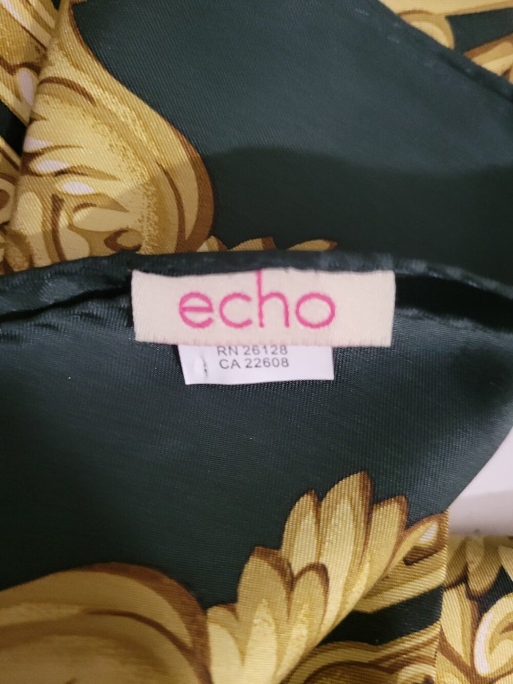 Vintage 100% Silk Scarf by Echo-Classic Gold and Teal and Green - Picture 3 of 4